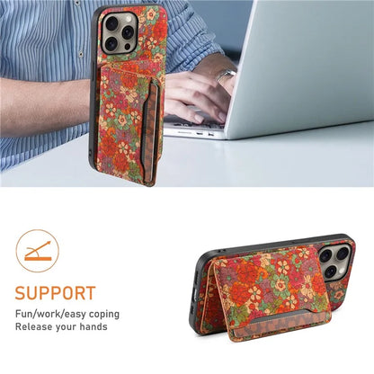 For iPhone 16 Pro Max Case Flower Print Leather+PC+TPU Cover with Card Holder Kickstand
