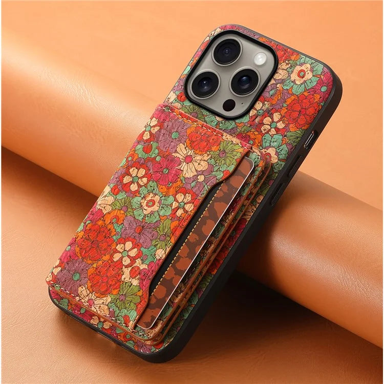 For iPhone 16 Pro Max Case Flower Print Leather+PC+TPU Cover with Card Holder Kickstand