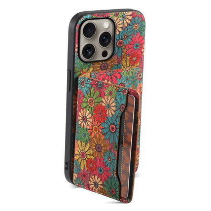 For iPhone 16 Pro Max Case Flower Print Leather+PC+TPU Cover with Card Holder Kickstand