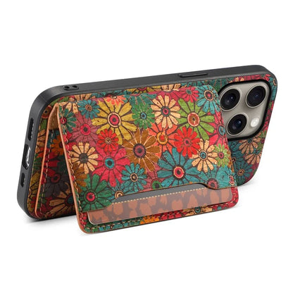 For iPhone 16 Pro Max Case Flower Print Leather+PC+TPU Cover with Card Holder Kickstand