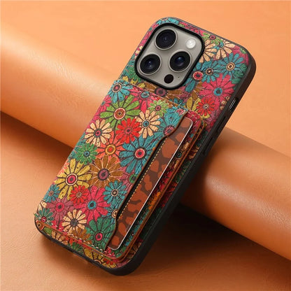 For iPhone 16 Pro Max Case Flower Print Leather+PC+TPU Cover with Card Holder Kickstand