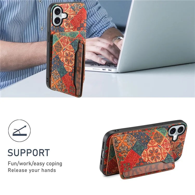 For iPhone 16 Plus Case Flower Print Leather+PC+TPU Cover with Card Holder Kickstand