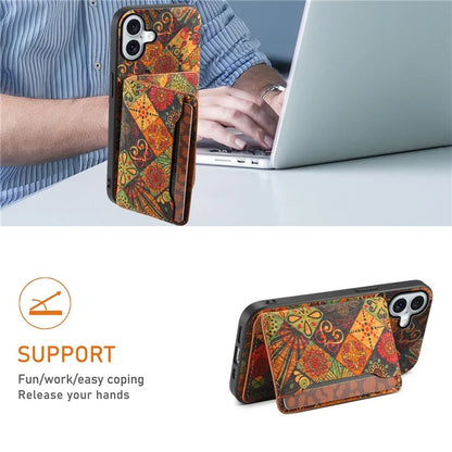 For iPhone 16 Plus Case Flower Print Leather+PC+TPU Cover with Card Holder Kickstand