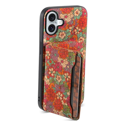 For iPhone 16 Plus Case Flower Print Leather+PC+TPU Cover with Card Holder Kickstand