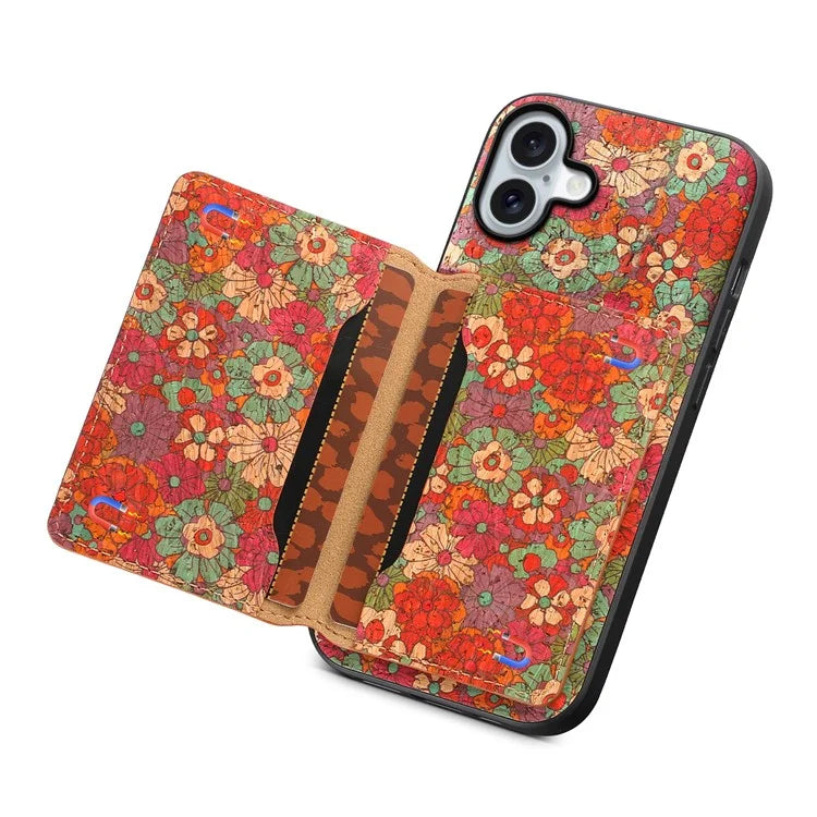 For iPhone 16 Plus Case Flower Print Leather+PC+TPU Cover with Card Holder Kickstand