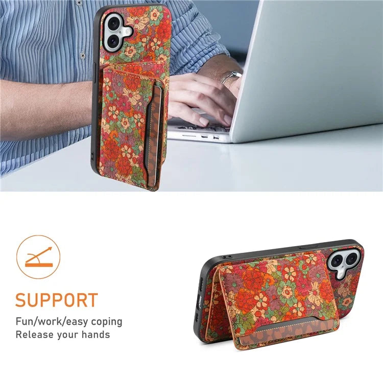 For iPhone 16 Plus Case Flower Print Leather+PC+TPU Cover with Card Holder Kickstand