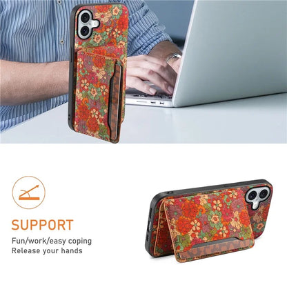 For iPhone 16 Plus Case Flower Print Leather+PC+TPU Cover with Card Holder Kickstand