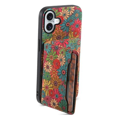 For iPhone 16 Plus Case Flower Print Leather+PC+TPU Cover with Card Holder Kickstand
