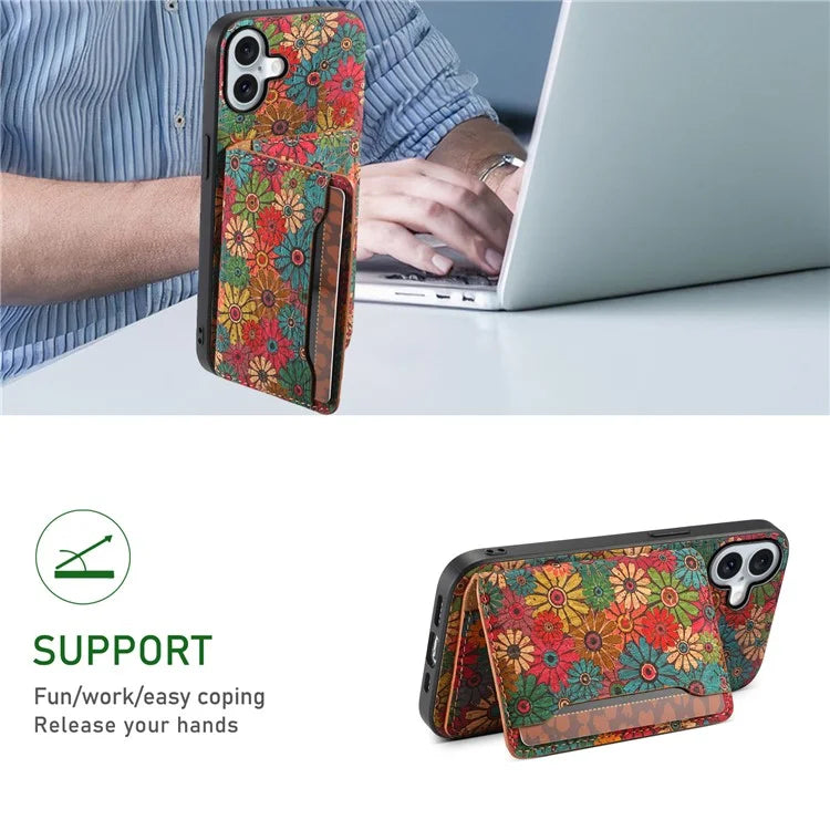For iPhone 16 Plus Case Flower Print Leather+PC+TPU Cover with Card Holder Kickstand