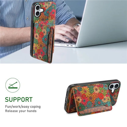 For iPhone 16 Plus Case Flower Print Leather+PC+TPU Cover with Card Holder Kickstand