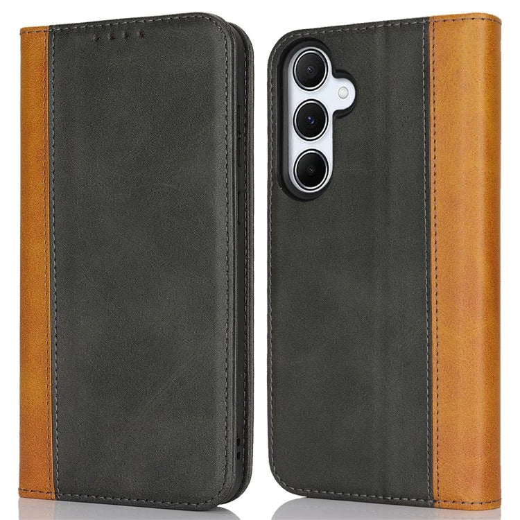 For Samsung Galaxy A55 5G Case Calf Texture 3 Card Slots Color Splicing Leather Phone Cover
