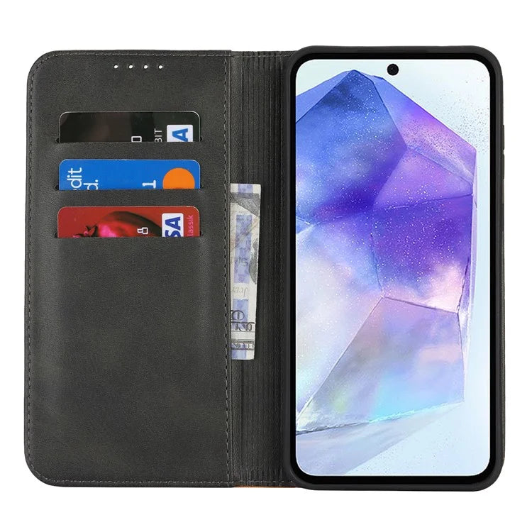 For Samsung Galaxy A55 5G Case Calf Texture 3 Card Slots Color Splicing Leather Phone Cover