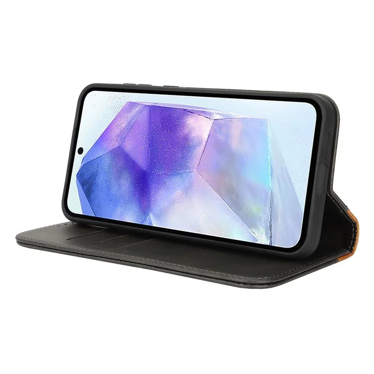 For Samsung Galaxy A55 5G Case Calf Texture 3 Card Slots Color Splicing Leather Phone Cover