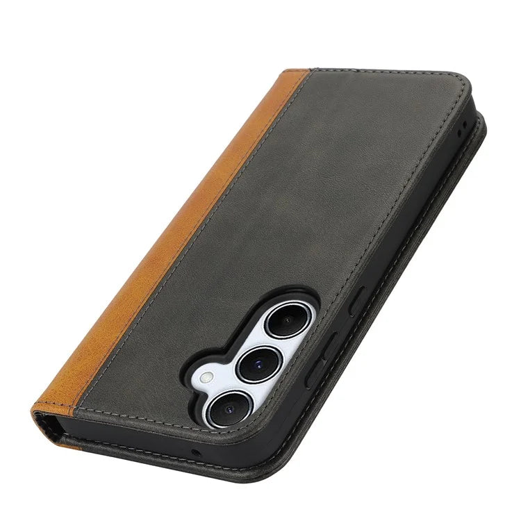 For Samsung Galaxy A55 5G Case Calf Texture 3 Card Slots Color Splicing Leather Phone Cover