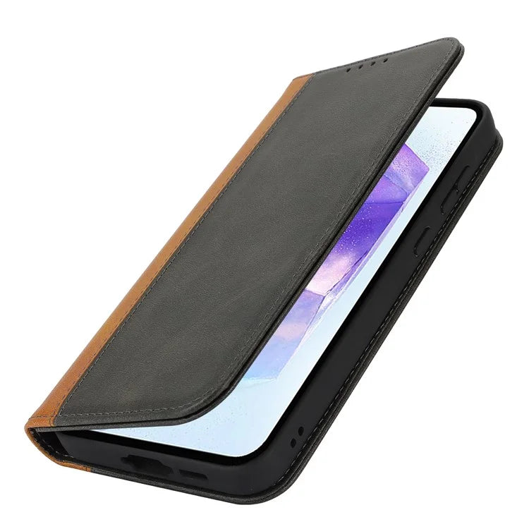 For Samsung Galaxy A55 5G Case Calf Texture 3 Card Slots Color Splicing Leather Phone Cover
