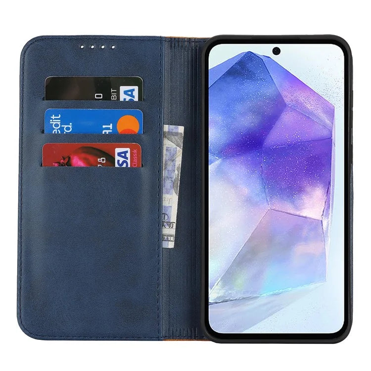 For Samsung Galaxy A55 5G Case Calf Texture 3 Card Slots Color Splicing Leather Phone Cover