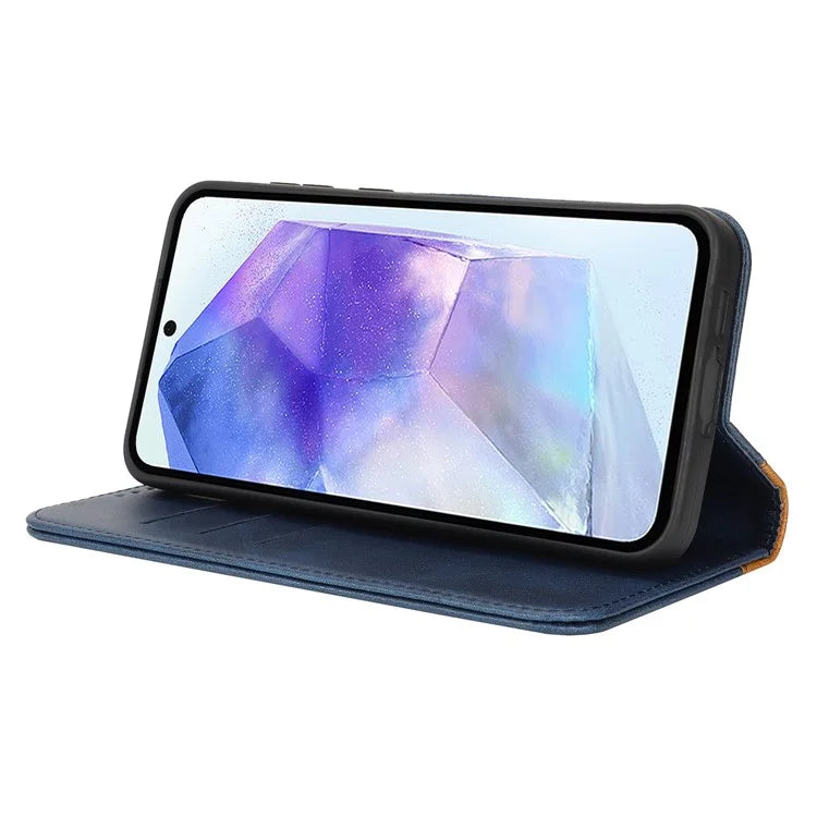 For Samsung Galaxy A55 5G Case Calf Texture 3 Card Slots Color Splicing Leather Phone Cover