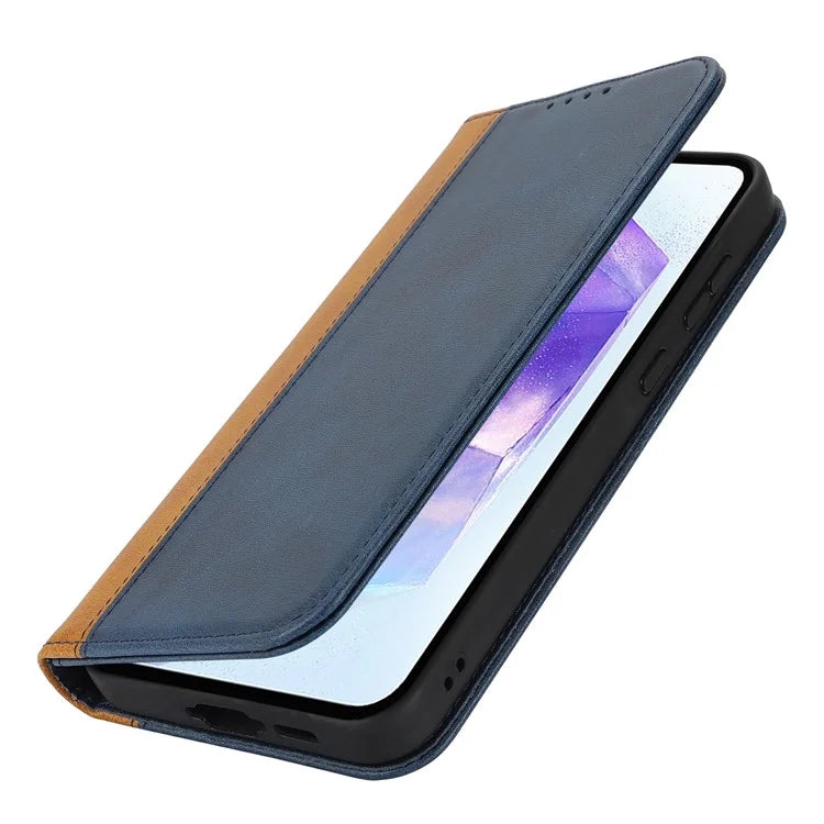 For Samsung Galaxy A55 5G Case Calf Texture 3 Card Slots Color Splicing Leather Phone Cover