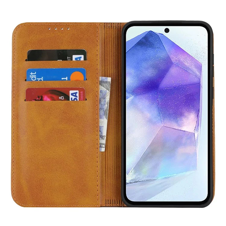 For Samsung Galaxy A55 5G Case Calf Texture 3 Card Slots Color Splicing Leather Phone Cover