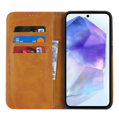 For Samsung Galaxy A55 5G Case Calf Texture 3 Card Slots Color Splicing Leather Phone Cover