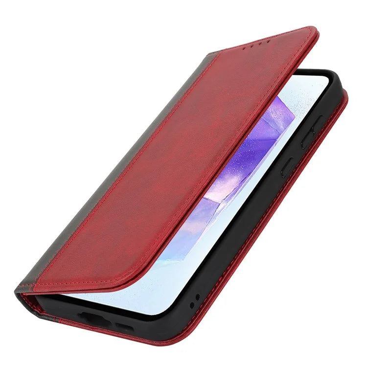 For Samsung Galaxy A55 5G Case Calf Texture 3 Card Slots Color Splicing Leather Phone Cover