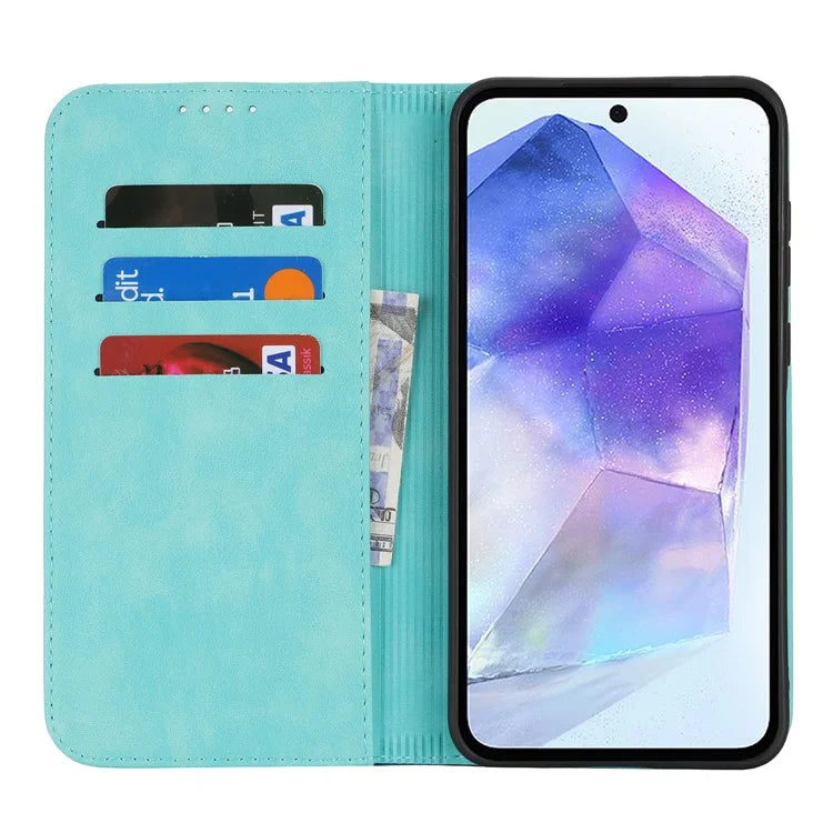 For Samsung Galaxy A55 5G Case Calf Texture 3 Card Slots Color Splicing Leather Phone Cover