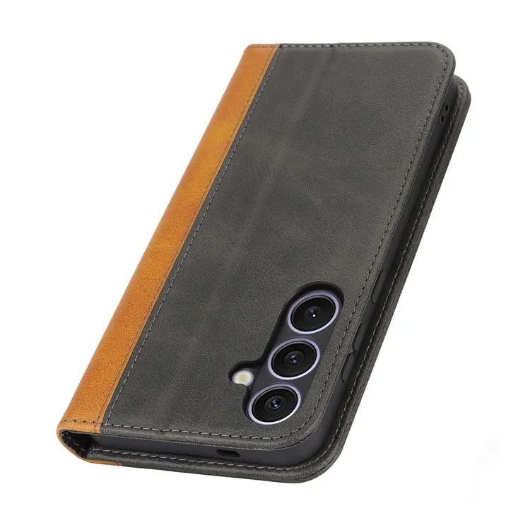 For Samsung Galaxy S24+ Case Calf Texture 3 Card Slots Color Splicing Leather Phone Cover