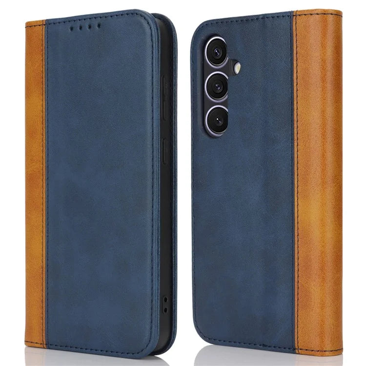 For Samsung Galaxy S24+ Case Calf Texture 3 Card Slots Color Splicing Leather Phone Cover