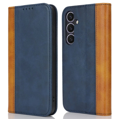 For Samsung Galaxy S24+ Case Calf Texture 3 Card Slots Color Splicing Leather Phone Cover