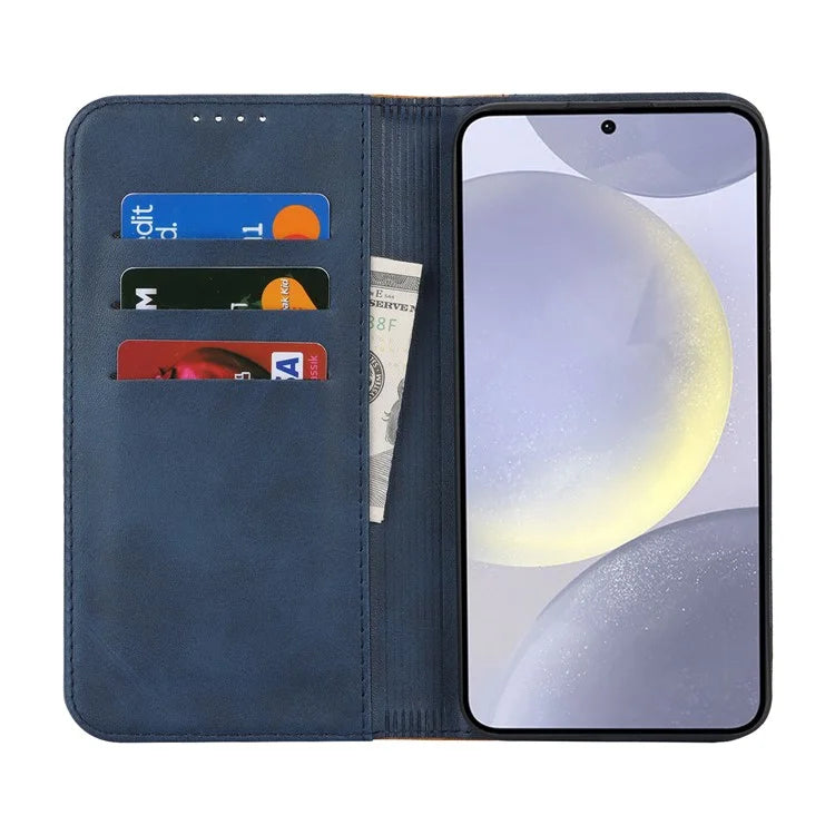 For Samsung Galaxy S24+ Case Calf Texture 3 Card Slots Color Splicing Leather Phone Cover