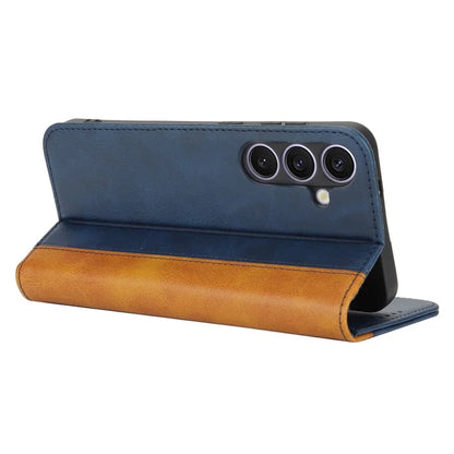 For Samsung Galaxy S24+ Case Calf Texture 3 Card Slots Color Splicing Leather Phone Cover