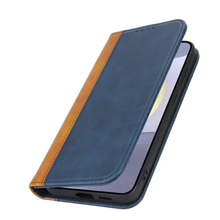 For Samsung Galaxy S24+ Case Calf Texture 3 Card Slots Color Splicing Leather Phone Cover