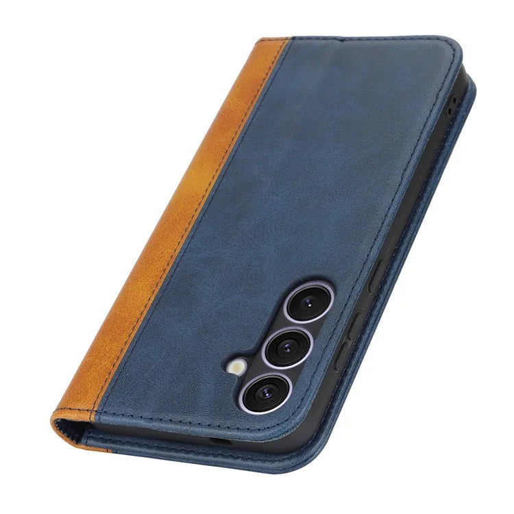 For Samsung Galaxy S24+ Case Calf Texture 3 Card Slots Color Splicing Leather Phone Cover