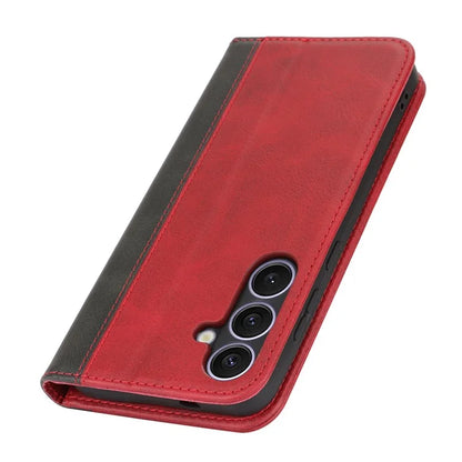 For Samsung Galaxy S24+ Case Calf Texture 3 Card Slots Color Splicing Leather Phone Cover