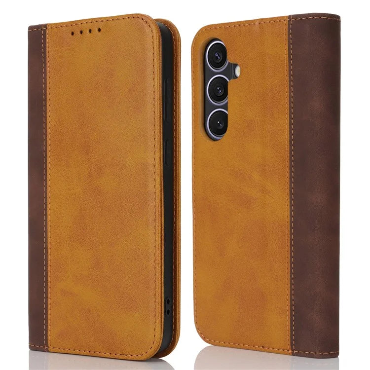 For Samsung Galaxy S24+ Case Calf Texture 3 Card Slots Color Splicing Leather Phone Cover