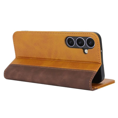 For Samsung Galaxy S24+ Case Calf Texture 3 Card Slots Color Splicing Leather Phone Cover