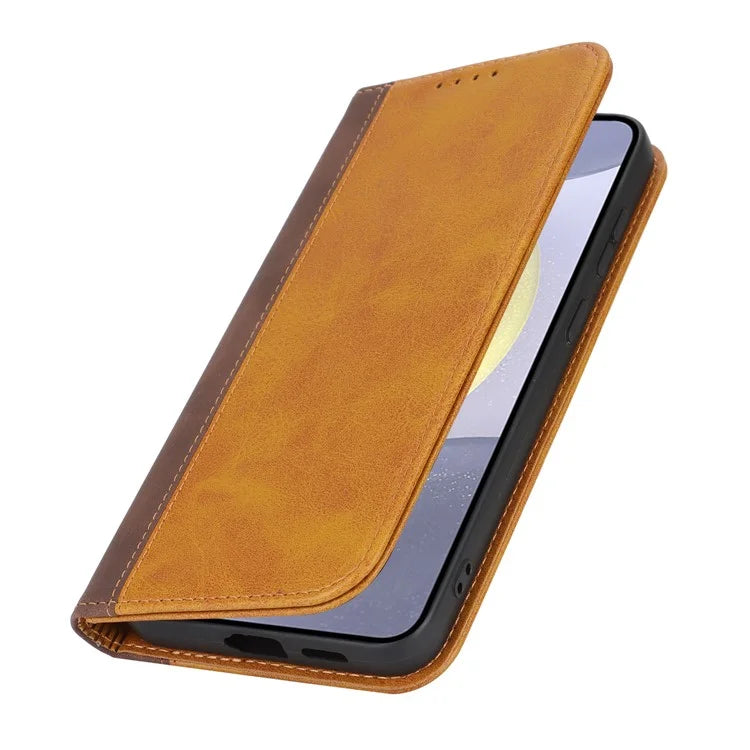For Samsung Galaxy S24+ Case Calf Texture 3 Card Slots Color Splicing Leather Phone Cover