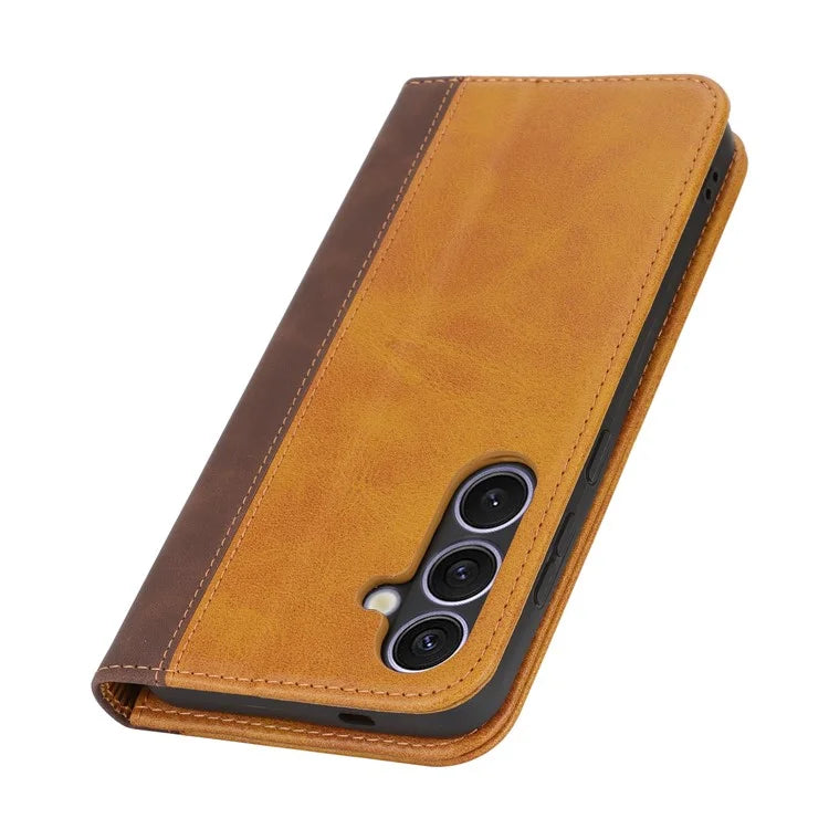 For Samsung Galaxy S24+ Case Calf Texture 3 Card Slots Color Splicing Leather Phone Cover