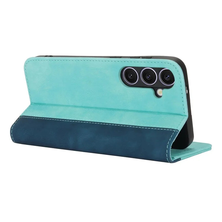 For Samsung Galaxy S24+ Case Calf Texture 3 Card Slots Color Splicing Leather Phone Cover