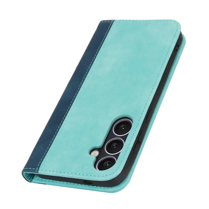 For Samsung Galaxy S24+ Case Calf Texture 3 Card Slots Color Splicing Leather Phone Cover