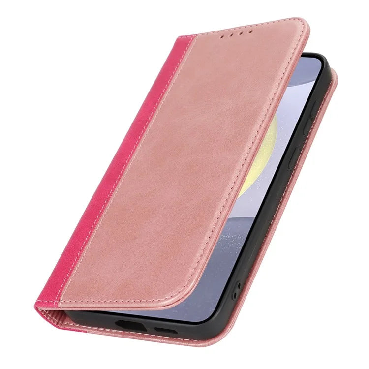 For Samsung Galaxy S24+ Case Calf Texture 3 Card Slots Color Splicing Leather Phone Cover