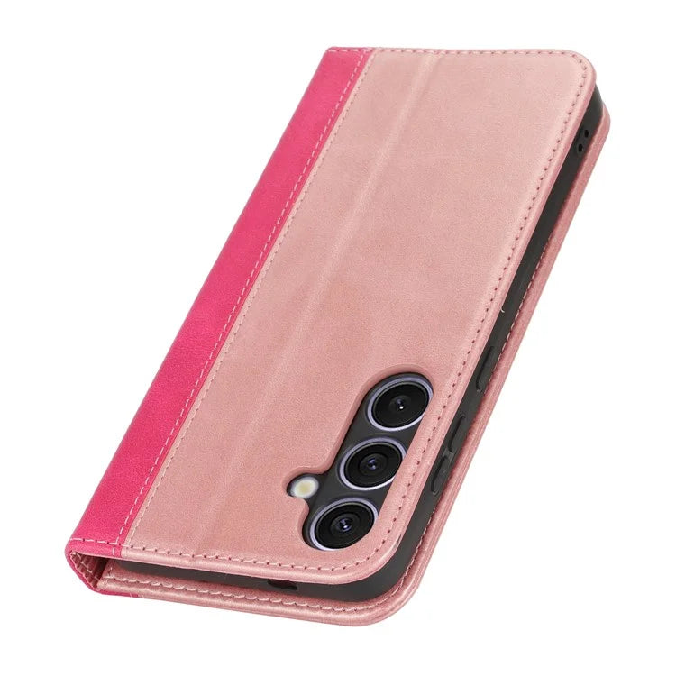 For Samsung Galaxy S24+ Case Calf Texture 3 Card Slots Color Splicing Leather Phone Cover