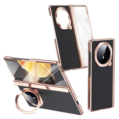 For Honor Magic V3 5G Case Lens Frame Kickstand Leather+PC Phone Cover with Screen Film