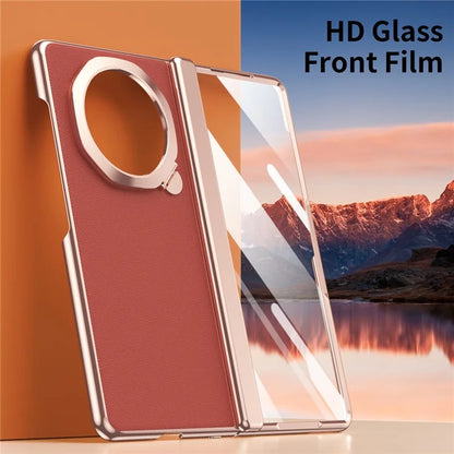 For Honor Magic V3 5G Case Lens Frame Kickstand Leather+PC Phone Cover with Screen Film