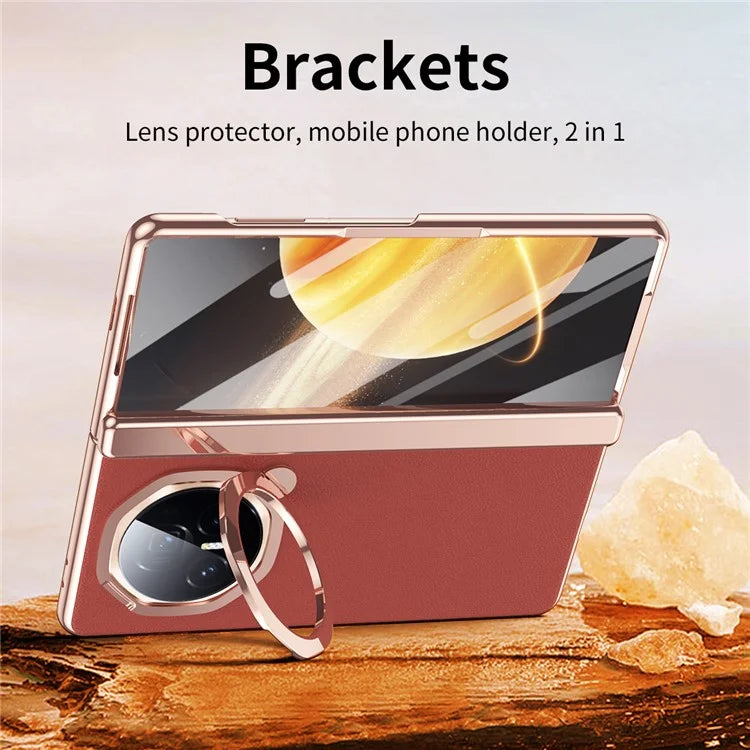 For Honor Magic V3 5G Case Lens Frame Kickstand Leather+PC Phone Cover with Screen Film