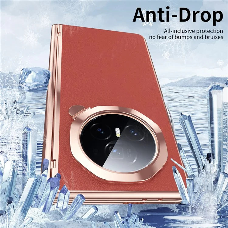 For Honor Magic V3 5G Case Lens Frame Kickstand Leather+PC Phone Cover with Screen Film