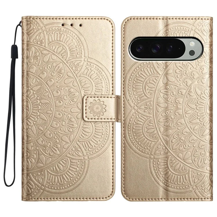 For Google Pixel 9 Pro  /  Pixel 9 Leather Case with Card Slots Mandala Pattern Phone Cover Stand