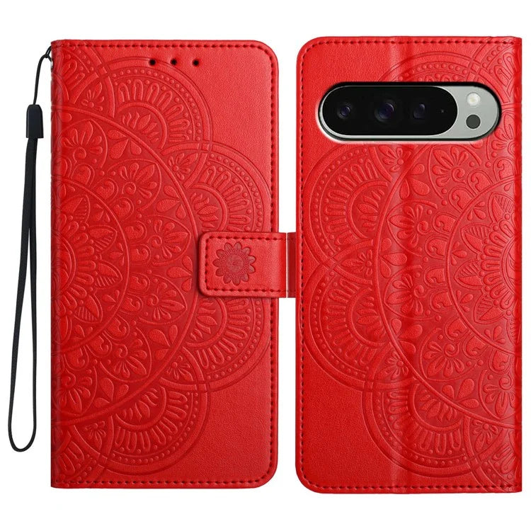 For Google Pixel 9 Pro  /  Pixel 9 Leather Case with Card Slots Mandala Pattern Phone Cover Stand