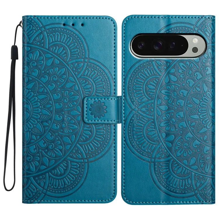 For Google Pixel 9 Pro XL Leather Case with Card Slots Mandala Pattern Phone Cover Stand