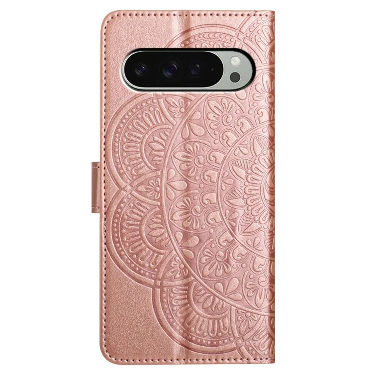 For Google Pixel 9 Pro XL Leather Case with Card Slots Mandala Pattern Phone Cover Stand